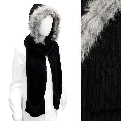 Fur Trim Hood Knit Scarf with Pocket Gray  