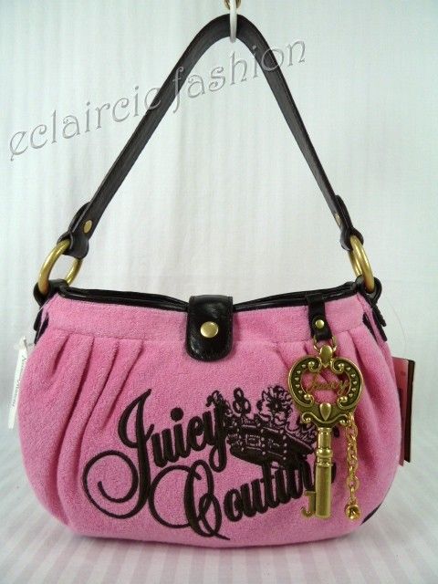 JUICY COUTURE logo Sweet Pea Pink Terry Cloth Leather Charm Tote 