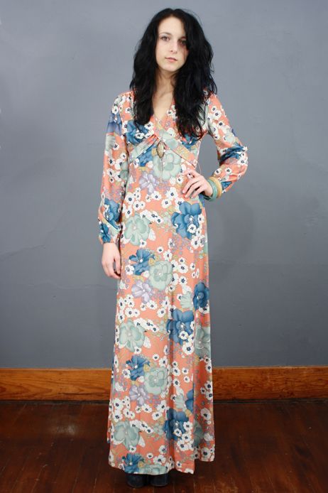 Vintage 70s BOLD PASTEL Floral WRAP BUST Boho HIPPIE Romantic Maxi 