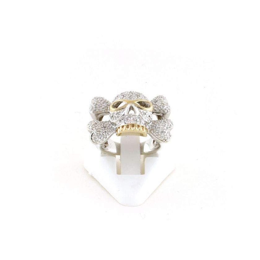 New Sterling Silver 925 14k Gold Unisex Diamond Skull and Bones Ring 