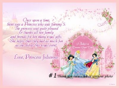 10 PERSONALIZED PRINCESS INVITATIONS OR THANK YOUS  