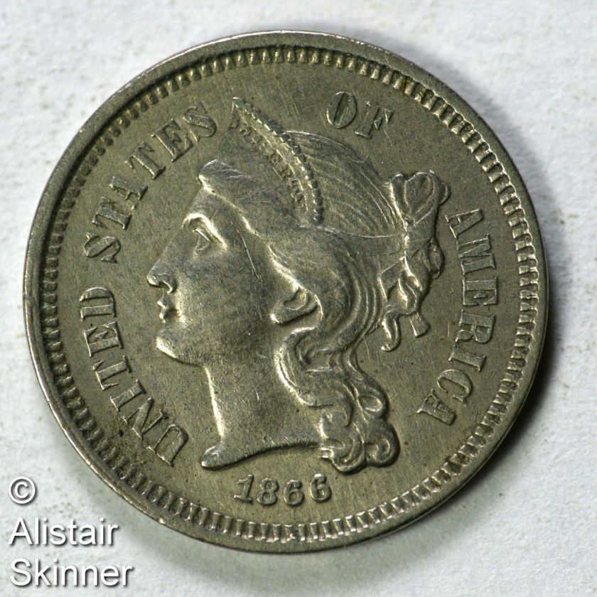 1866 Three Cent Nickel AU  
