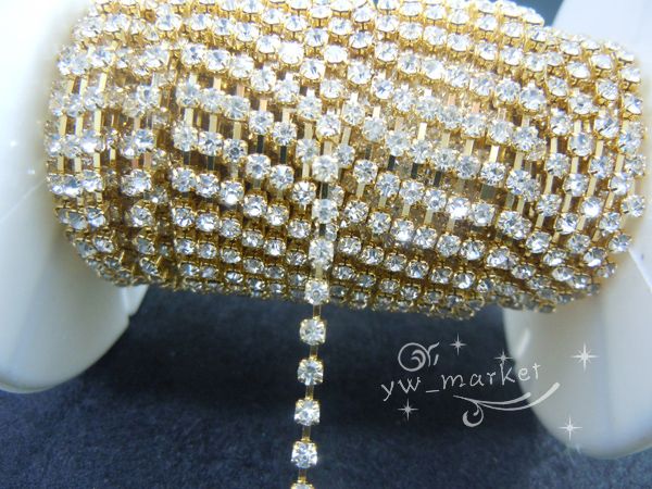 Diamante 2mm Clear Rhinestone Golden Chain 10 yard  