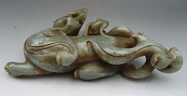 Old Chinese Cyan Jade Carved Pi Xiu (Pi Xie) Statues  