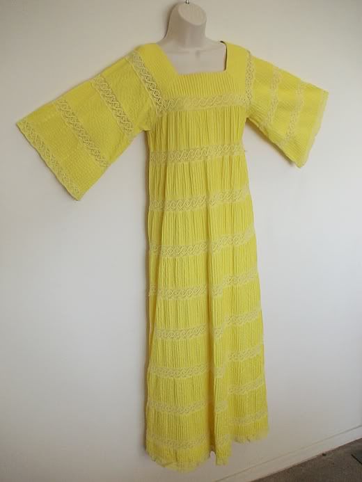 Vtg 70s Yellow CROCHET Pintuck LACE Mexican MAXI Dress hippie boho 