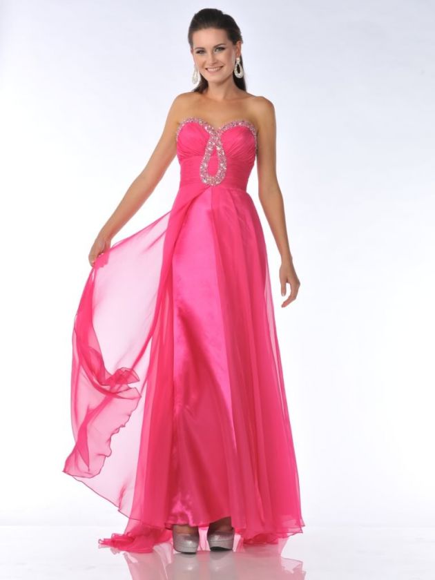 HOT PINK LONG PROM GOWN SWEETHEART BEADED NECKLINE WINTER FORMAL 