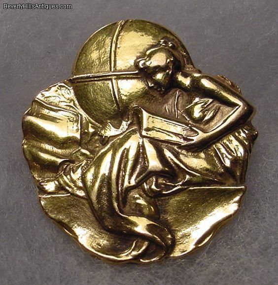 Art Deco Lady Reading Book World Globe 18k Gold Brooch  