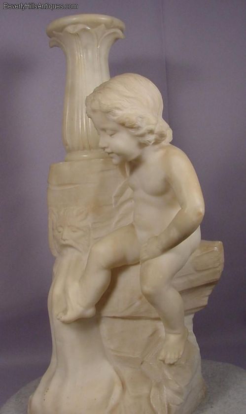 Antique Carved Alabaster Putto Fountain Lamp Sculpture  