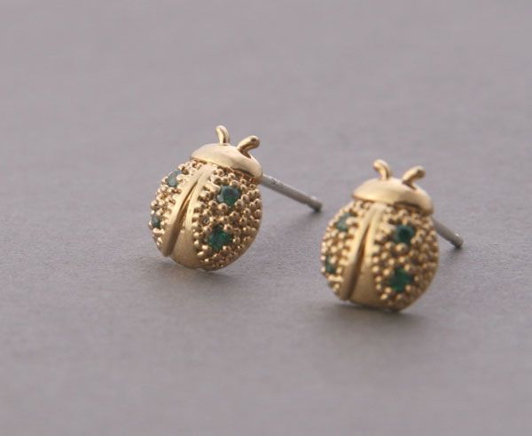 SWAROVSKI LADYBUG EARRINGS   925 Sterling Silver Post   GREEN  