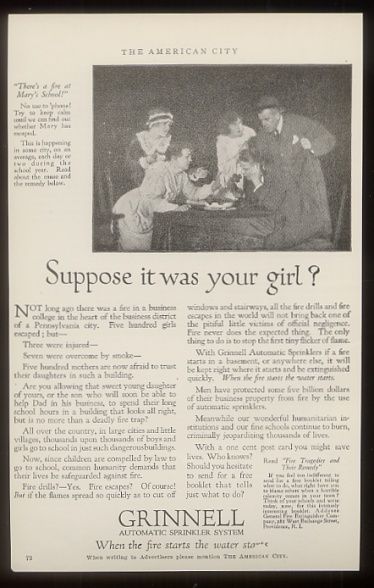 1919 girls school fire theme Grinnell sprinkler ad  