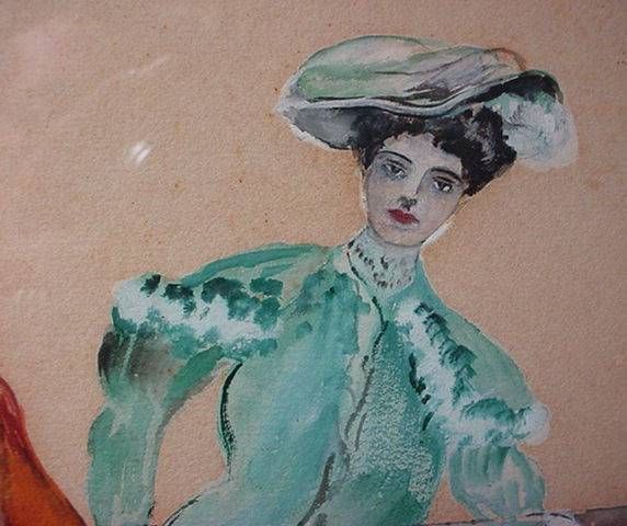 Ladies At Horse Track Fashion 1904 Watercolor Painting  