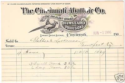 1906 Invoice Cincinnati Abattoir Co.Cincinnati,Oh. Meat  