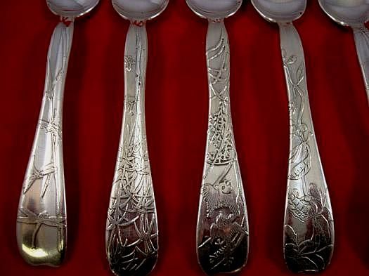 LAP OVER EDGE ACID ETCHED TIFFANY & CO. STERLING 24PC FISH SET BIRDS 