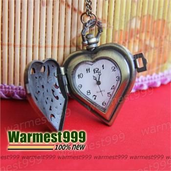 Antique Heart Quartz Pocket Watch Pendant Necklace Vintage Bronze 