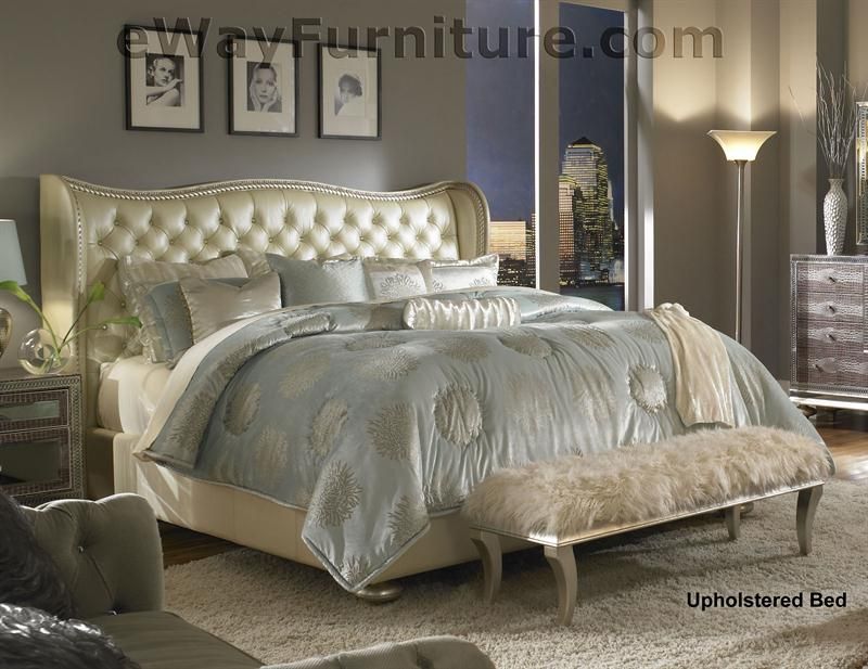 AICO CREAMY PEARL KING LEATHER BED BEDROOM SET 03014 14 MICHAEL AMINI 