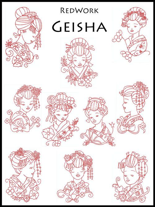 GEISHA Machine Embroidery Redwork * 10 Designs, 2 Sizes  