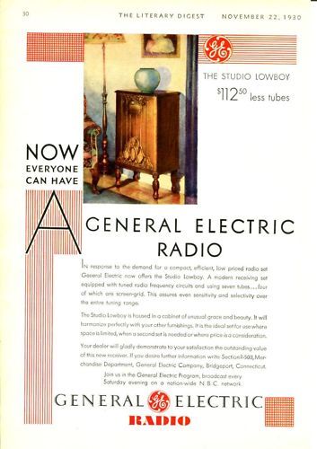 1930 G.E. Floor Radio STUDIO LOWBOY Color Vintage Ad  