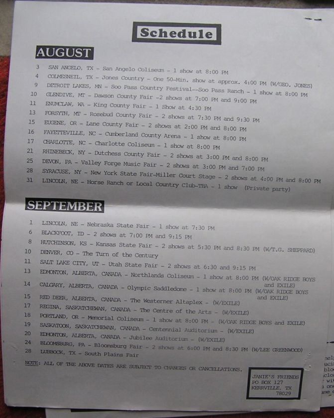 fan club newsletters 1980 s 90 s tour schedule
