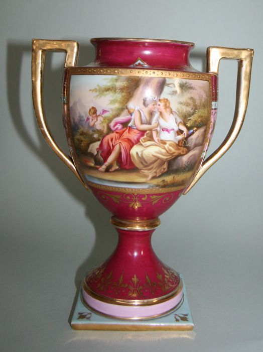 BOHEMIAN AMPHORA PORCELAIN VASE, HAND PAINTED c. 1840  