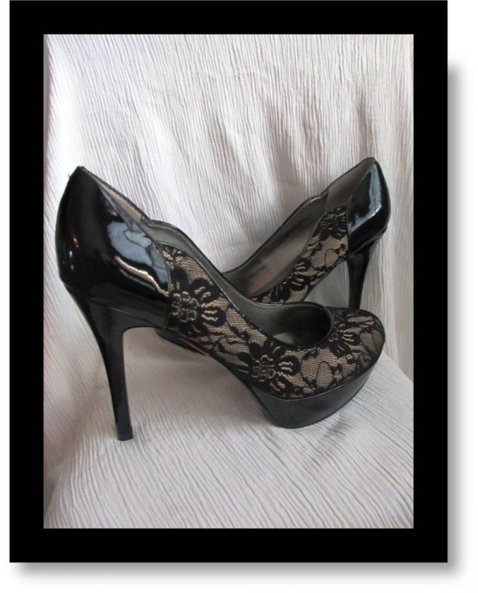 NEW GUESS Black Beige Lace Patent SANDREA HIGH HEELS SHOES  