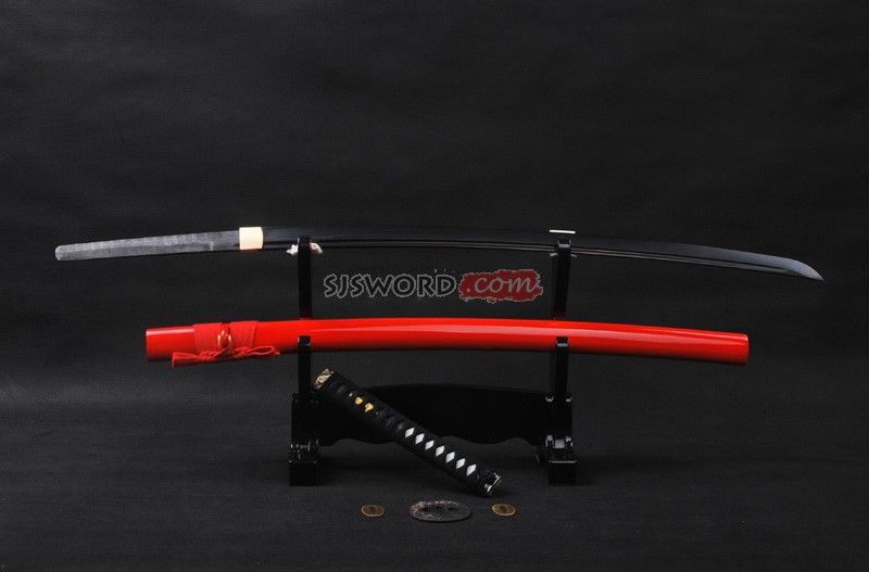 Japanese folded steel KATANA sword sharp RED SAYA Black blade #9168 