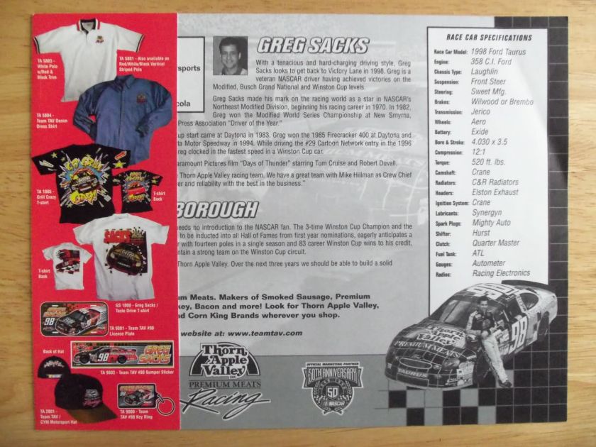 AUTOGRAPHED GREG SACKS DRIVER HANDOUT CARD THORN APPLE VALLEY  