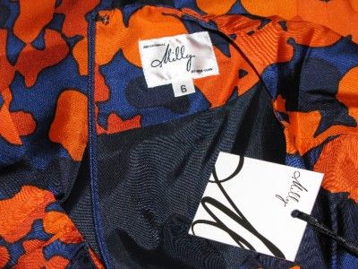 New Milly Ariana Shirred Shift Dress 6 Navy Orange  