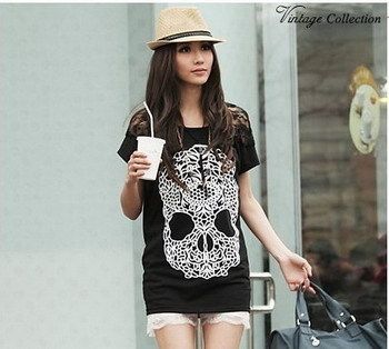 new Women Skull pattern loose tops T shirt 9061B  