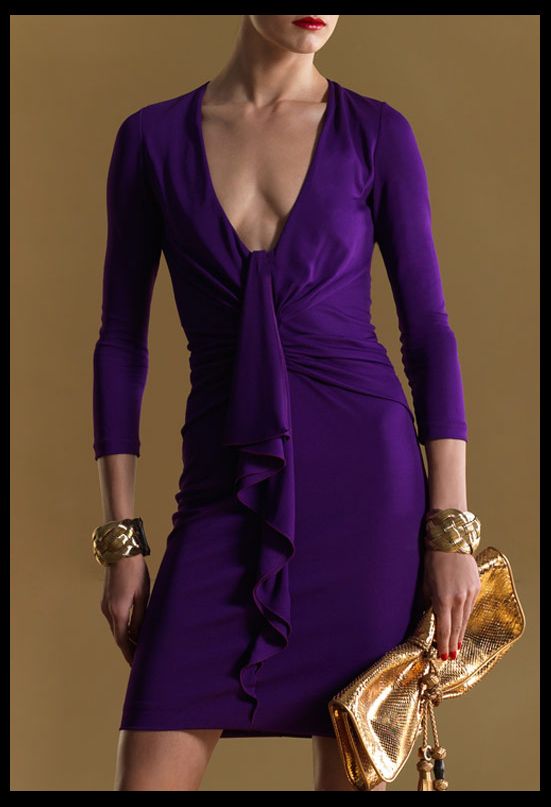   GUCCI DRESS VIOLET JERSEY V NECK BAMBOO BROOCH RUFFLE sz XS  