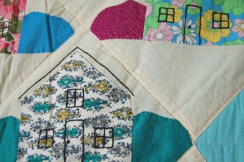 CHEERY Vintage Honeymoon Cottage House Folk Art Hand Stitched Antique 