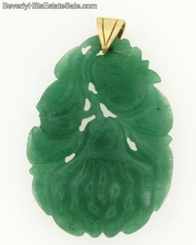 Vintage Carved Jade and 14k Yellow Gold Pendant  