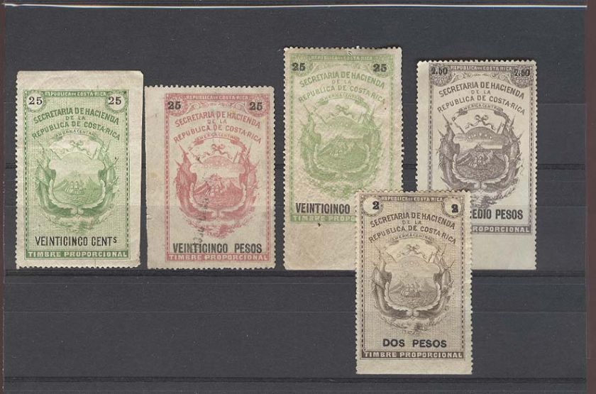 COSTA RICA RARE SET 5 TIMBRE PROPORCIONAL TAX STAMPS   