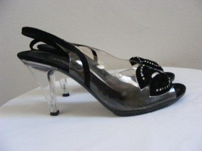   Lucite Heels 7 Clear Plastic Vinyl Black Leather Disco 60s 70s  