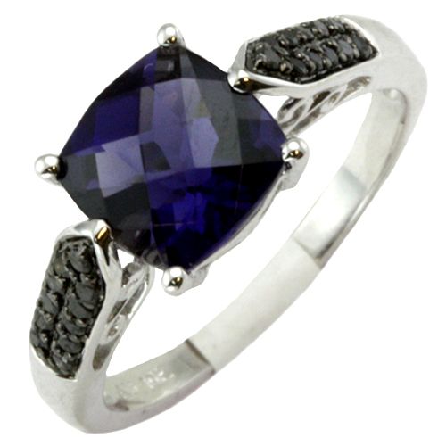 10k white gold iolite and black diamond ring  