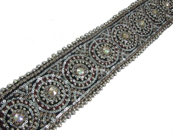 Black Hand Beaded Sequin Stone Border Ribbon Trim  