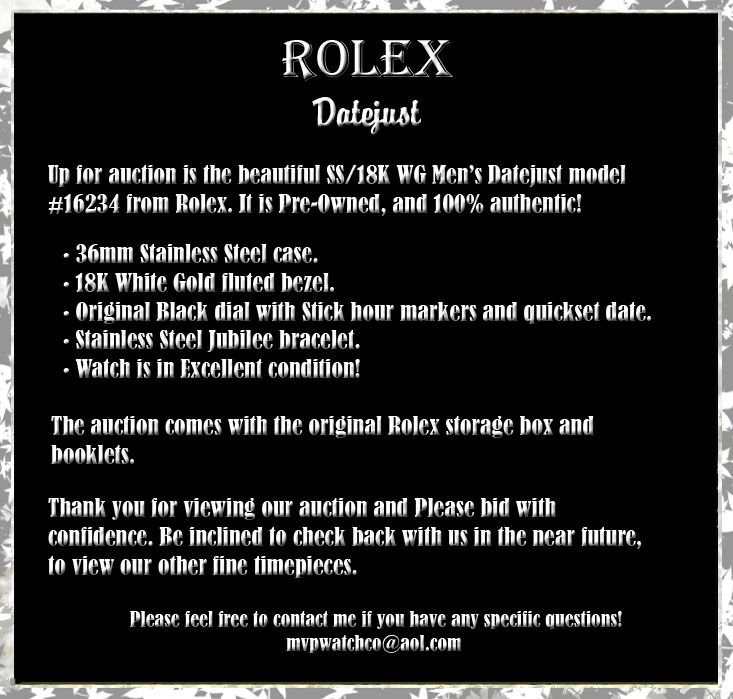 ROLEX MENS SS/18K WHITE GOLD BLACK STICK DATEJUST MODEL #16234  