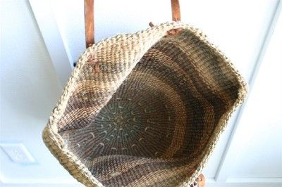 VTG tan olive green brown woven staw tote boho purse handbag leather 