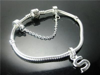   SILVER SAFETY CHAIN EUROPEAN BRACELET BANGLE + LETTER S CHARM  