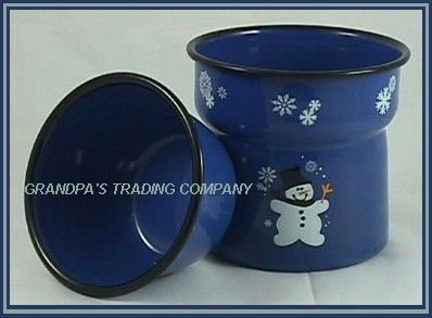 BLUE Enamelware Snowman Dip Pot Snowmen Snowflakes NEW  