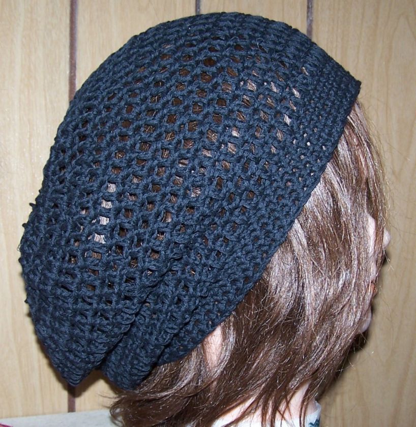 Slouchy Hand Crochet Black Beanie Hat Tam Rasta Cotton  