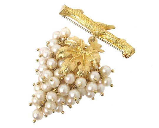 STUNNING VINTAGE 18K GOLD & FINE PEARLS GRAPE CLUSTER 3D BROOCH