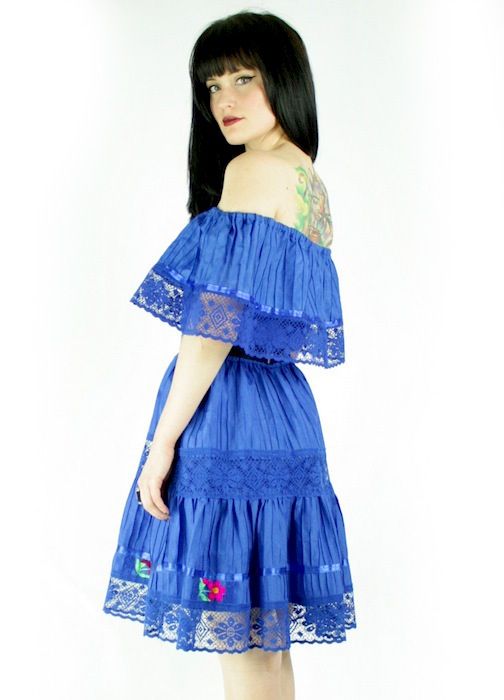 vtg 70s S Embroidered Sheer LACE Ethnic MEXICAN Hippie MINI Midi Dress 