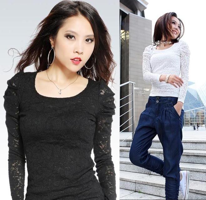 Fashion Chic Womens Ladies Lace Top Shirt Long Sleeve Full Lace Black 