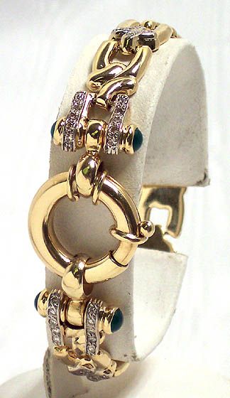 14k GOLD DIAMONDS GREEN ONYX ITALIAN TOGGLE BRACELET  