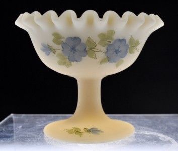   SATIN GLASS MINI COMPOTE COMPORT SIGNED LAURA LONG BLUE FLOWERS  