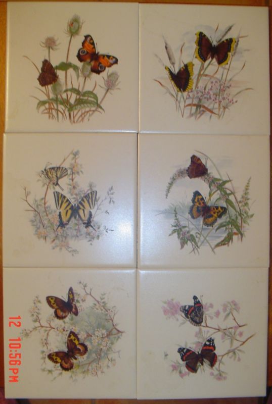 Set of 6 Vintage Hyalyn USA Butterfly Tiles or Coasters  