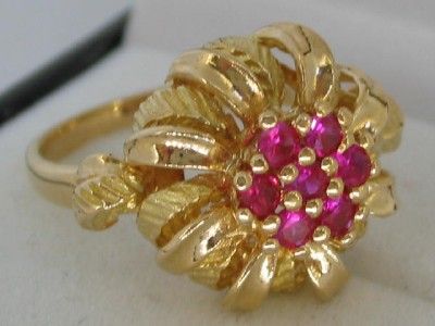 FLORAL STYLE SOLID 14CT YELLOW GOLD RUBY DRESS RING  