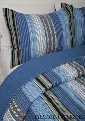 BLUE TROPICAL SEASIDE STRIPE 100% COTTON KING QUILT SET  