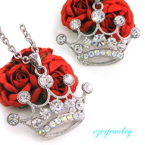 CRYSTAL ROYAL CROWN TIARA PENDANT NECKLACE JEWELRY N245  