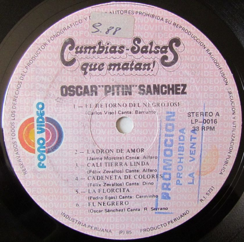 OSCAR PITIN SANCHEZ Cumbias Salsas que matan RARE LP FONO VIDEO PERU 
